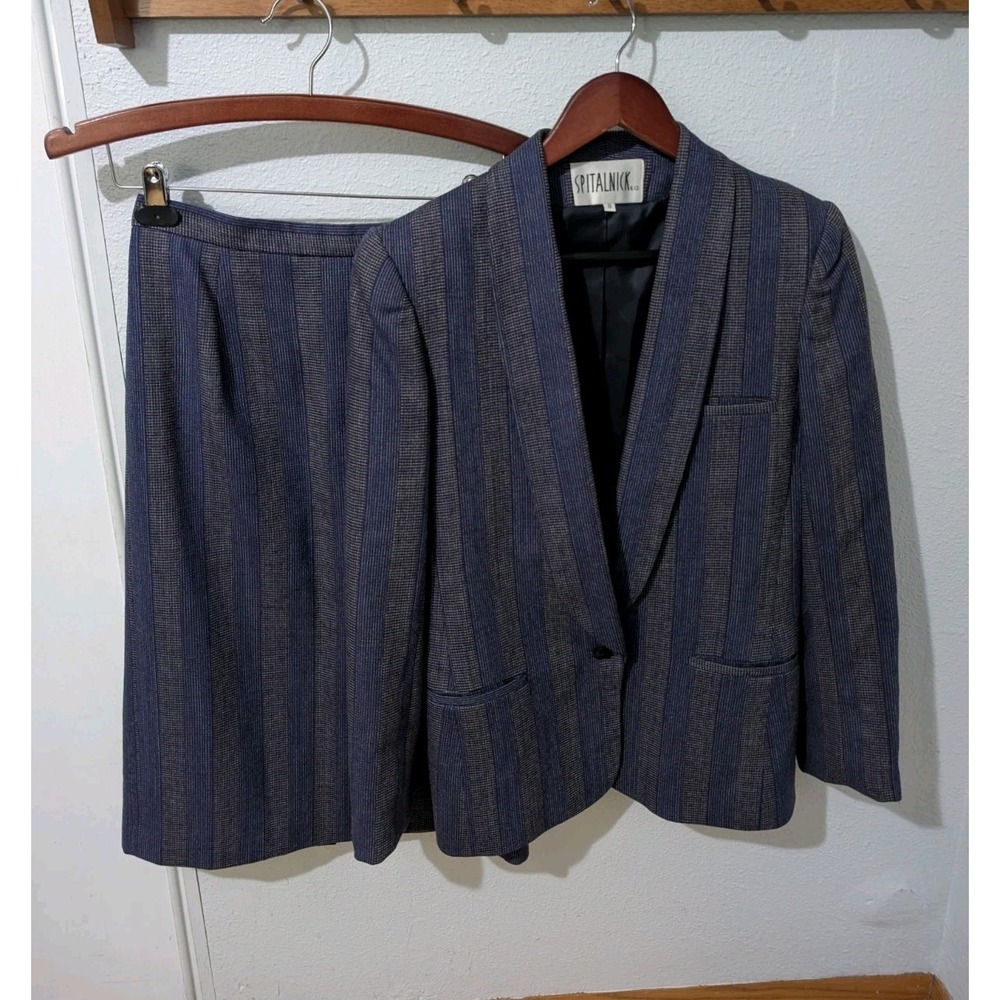 Vintage Spitalnick & Co 100% Pure Wool Skirt Suit Blue Gray Stripe Set Size 8/10